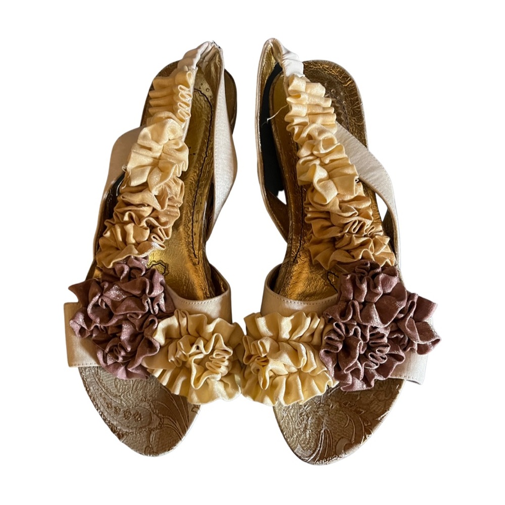 Irregular Choice Bingo Best Cream Ruffle slingback floral sandals.